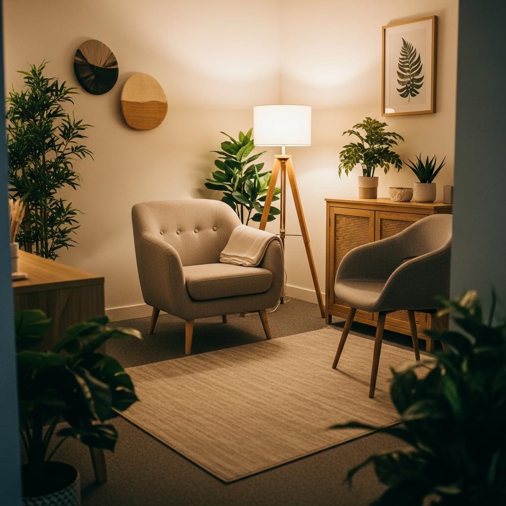 Calm, welcoming counselling room at GCD Counselling Services in Bathgate, West Lothian